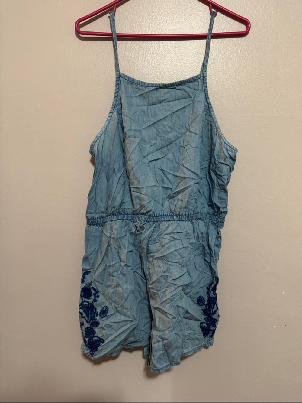 Light Blue Denim Romper with Navy Floral Embroidery